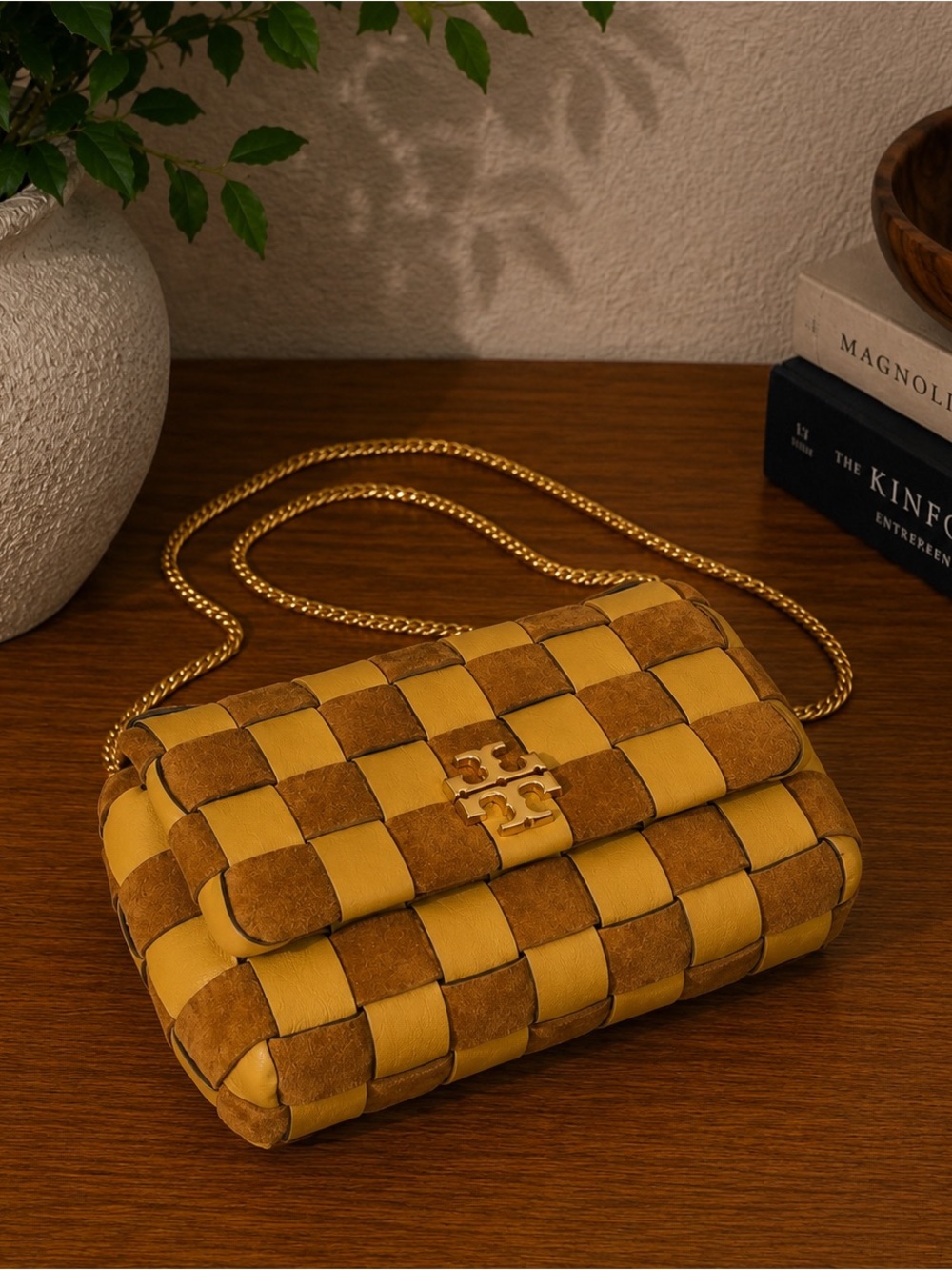 Tory Burch Kira Woven Mini Bag Brioche Leather Suede Chain Crossbody